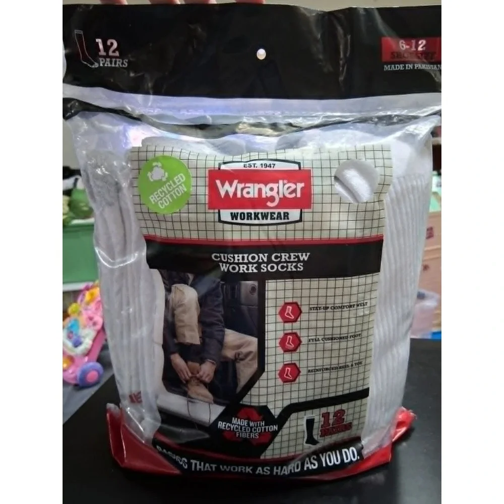 Wrangler Workwear Cushion Crew Work Socks Size 6-12 Shoe Size - 12 pairs